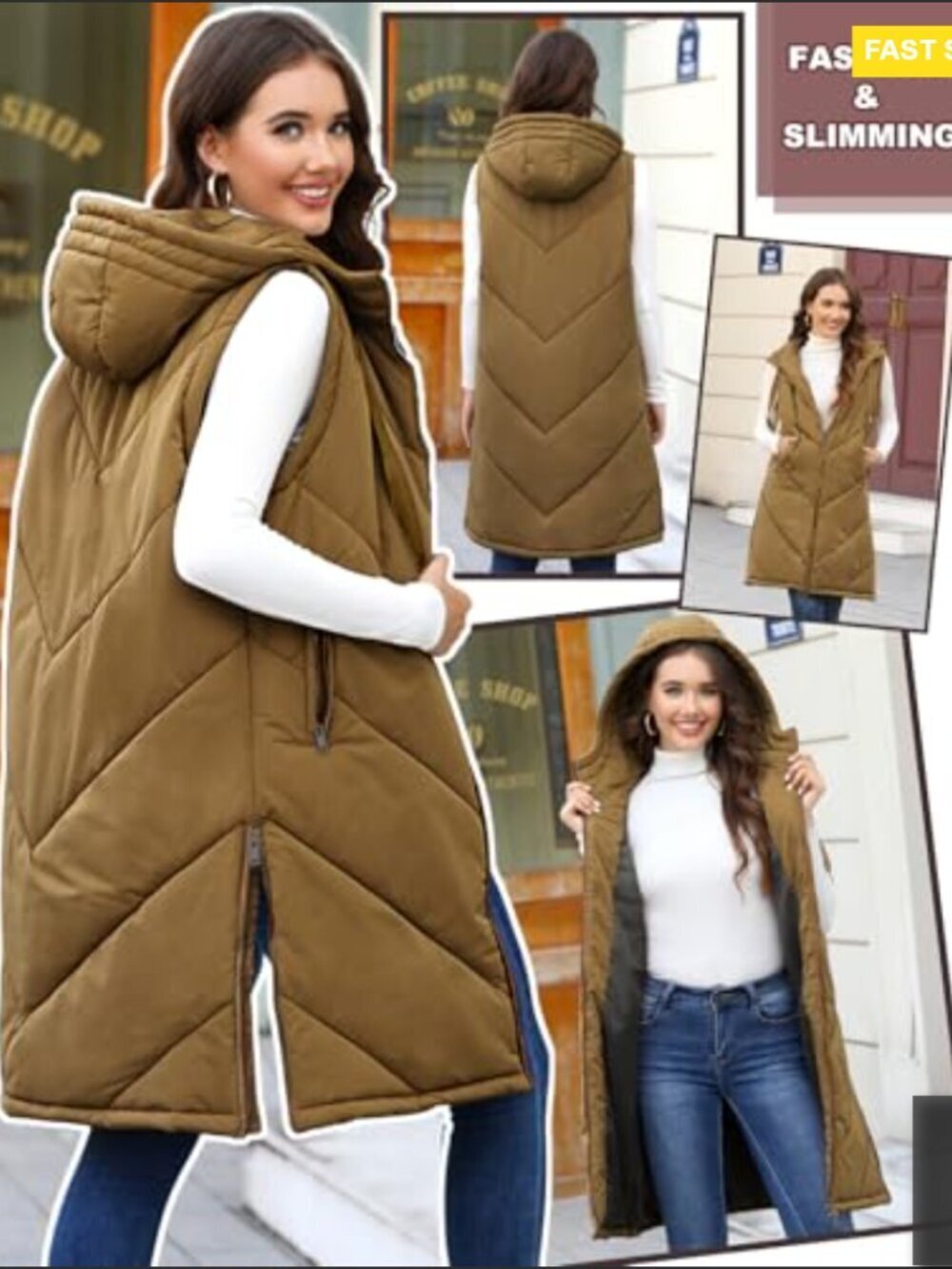 Long Puffer Vest Sleeveless Hooded Quilted Winter Outerwear Zip Up Pockets - Picture 2 of 7
